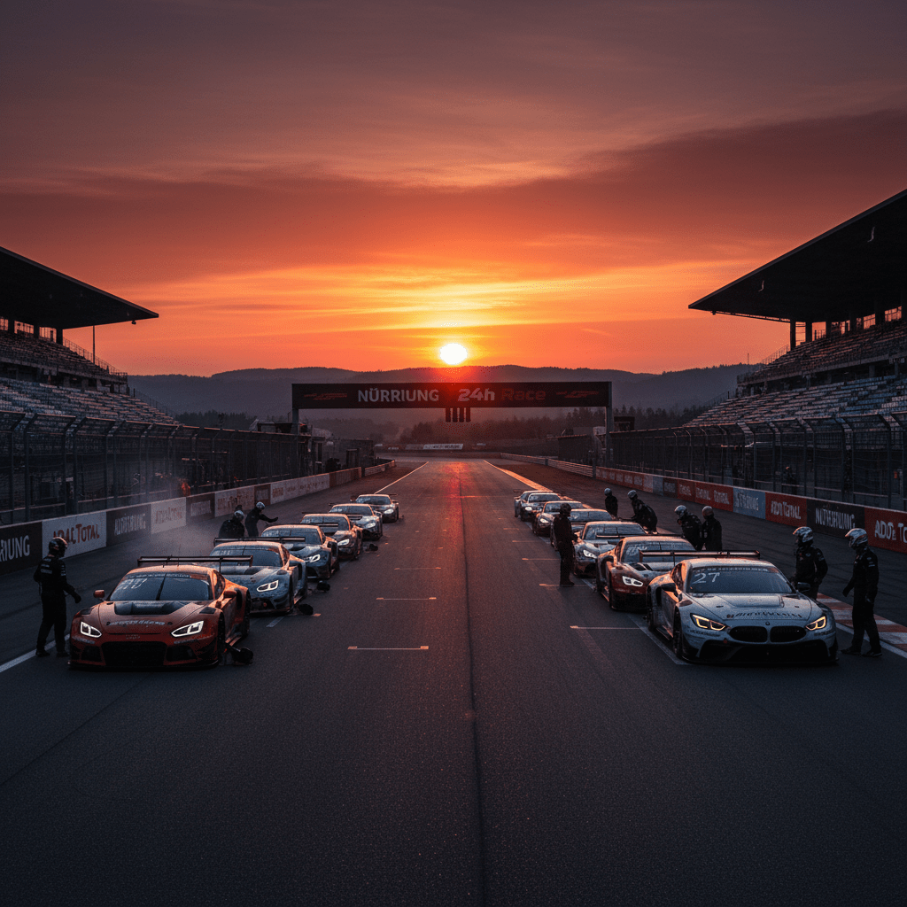 GT race cars lined up on a racetrack starting grid during a vibrant sunset.