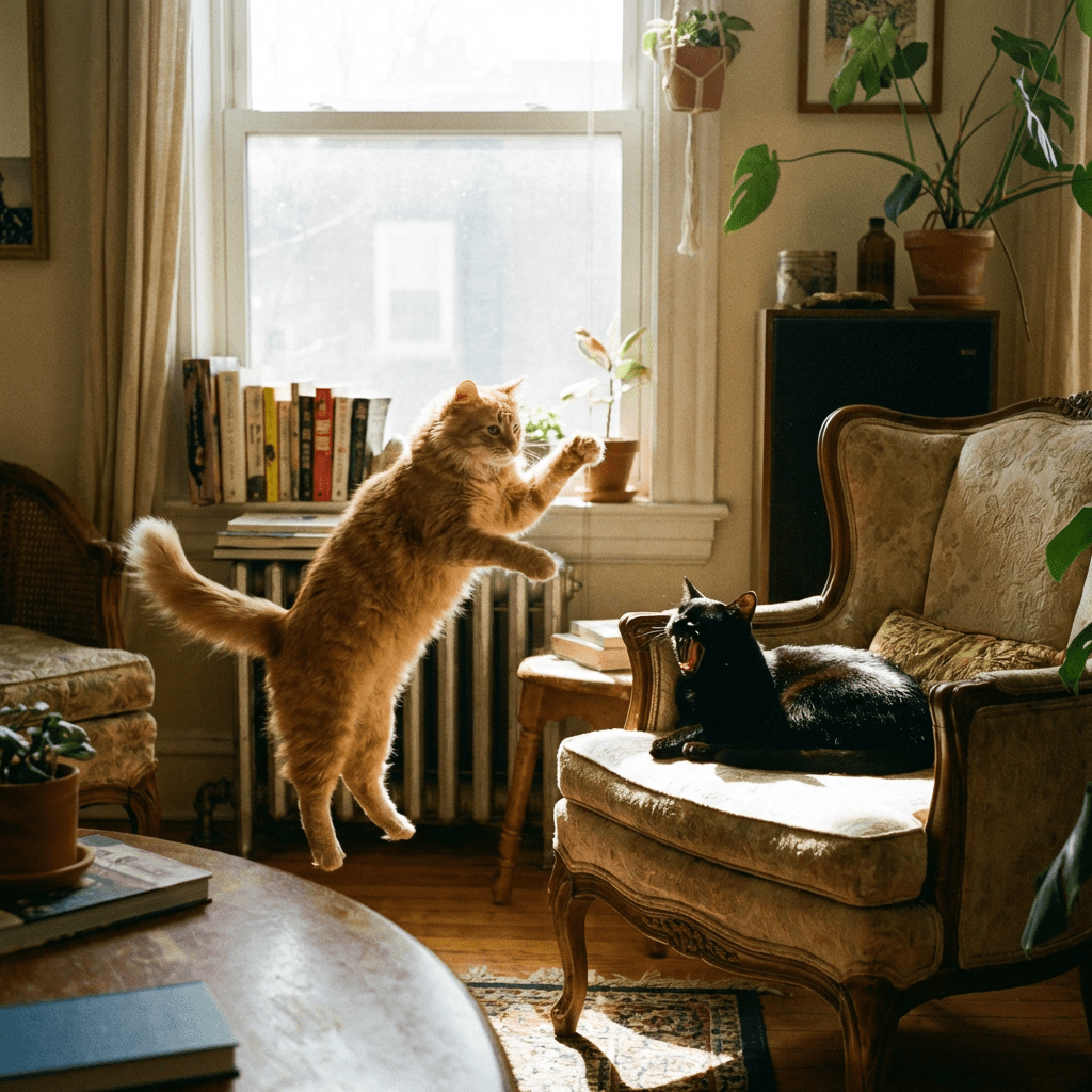 A ginger cat leaping mid-air towards a black cat lounging on an armchair.