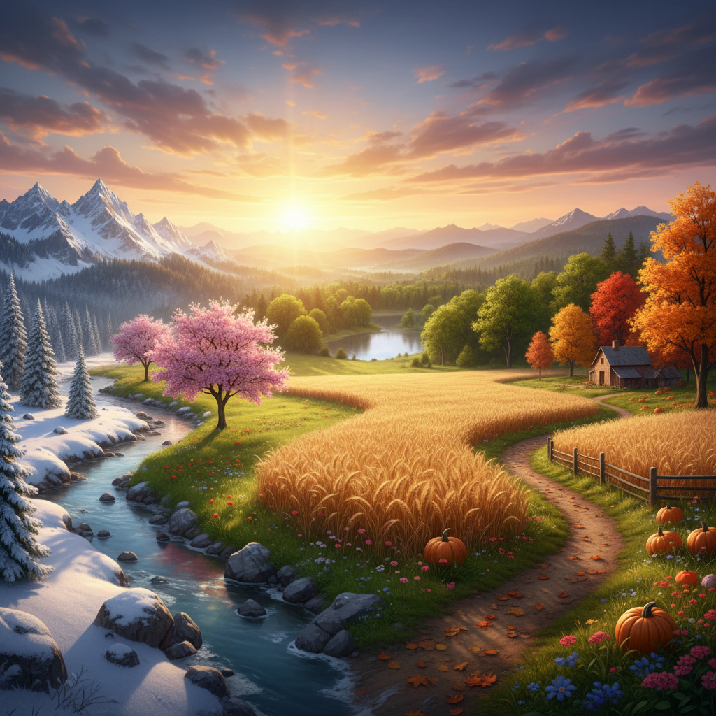A vibrant landscape illustrating the four seasons merging together under a glowing golden sunset.