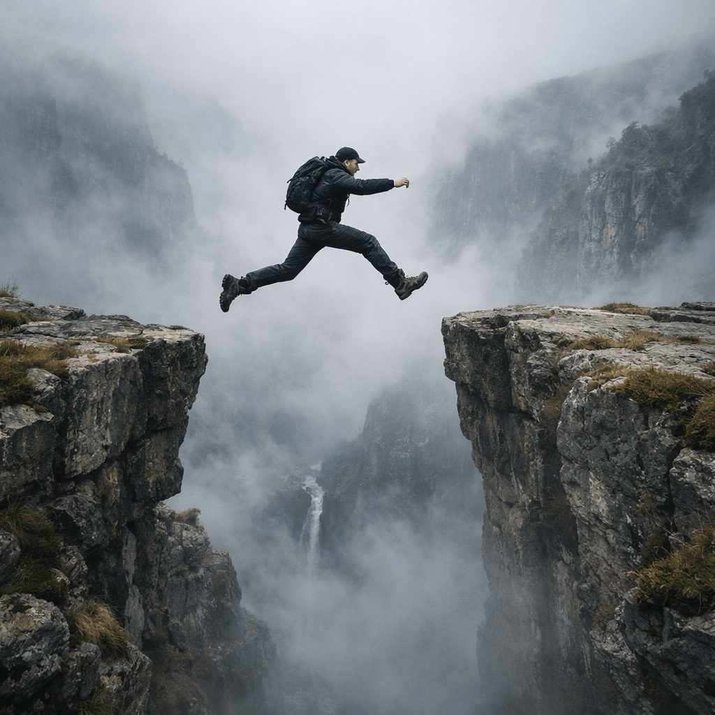 Person jumping between two rocky cliffs with fog and waterfall below