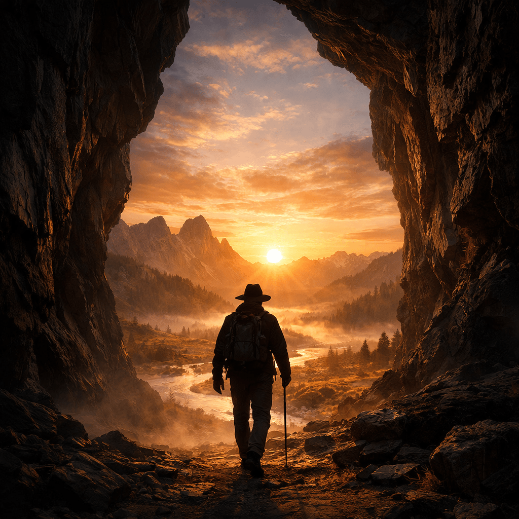 Hiker walking out of a cave towards sunrise over misty mountains and river valley