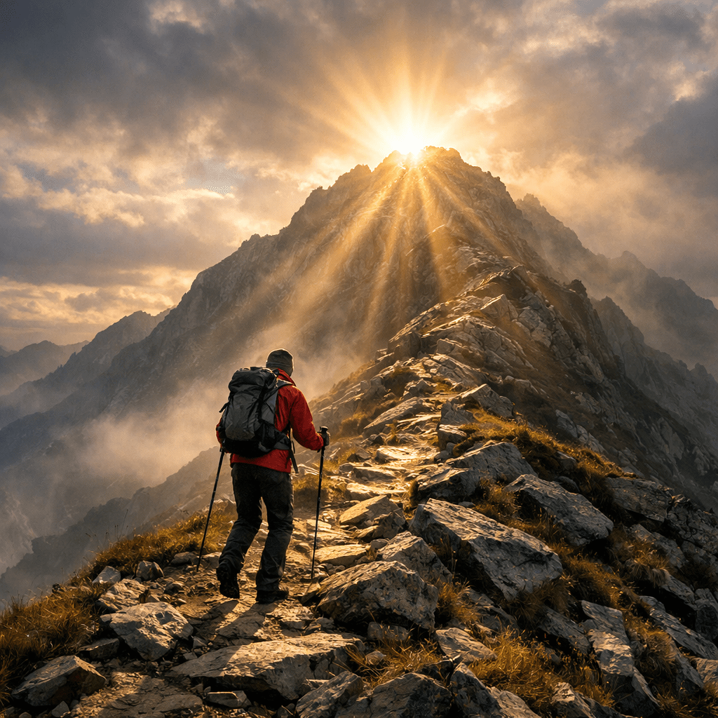 Hiker with backpack and trekking poles ascending rocky mountain ridge with sun rays