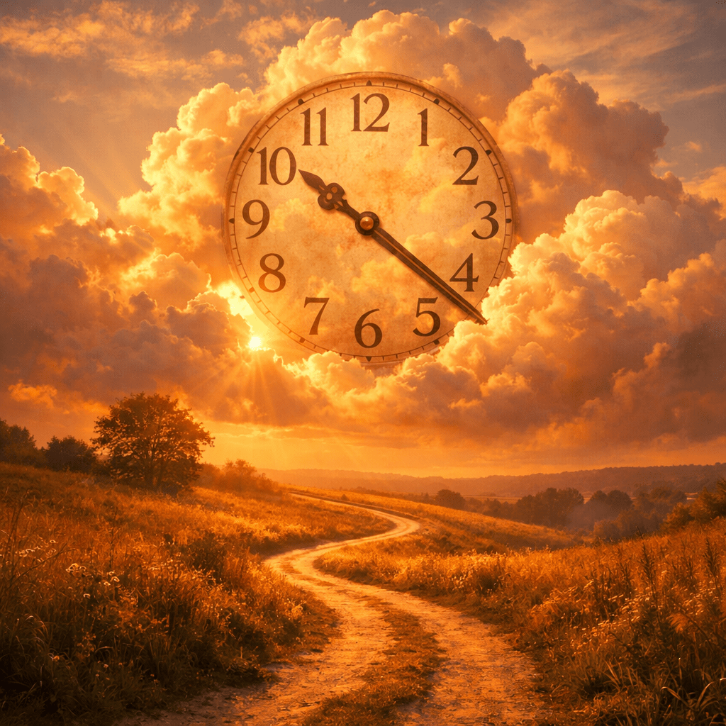 Winding dirt path through golden fields under clouds with a large clock showing time 10:22