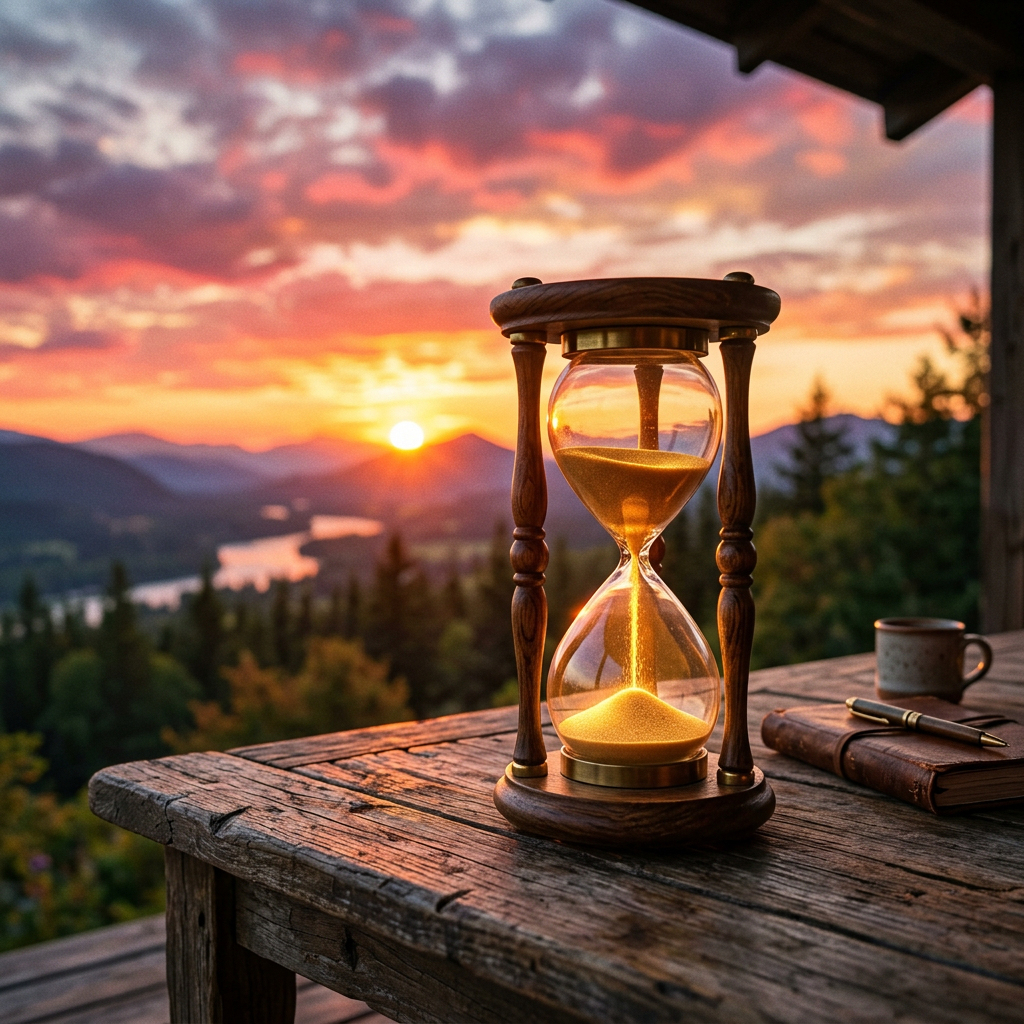 Hourglass with sand running down on a wooden table at sunset with a river and mountains in the background