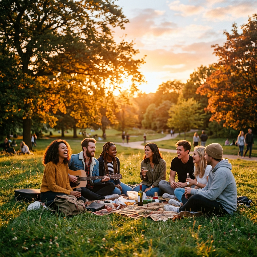 Six friends sitting on a blanket in a park at sunset having a picnic, with one playing guitar and others holding drinks