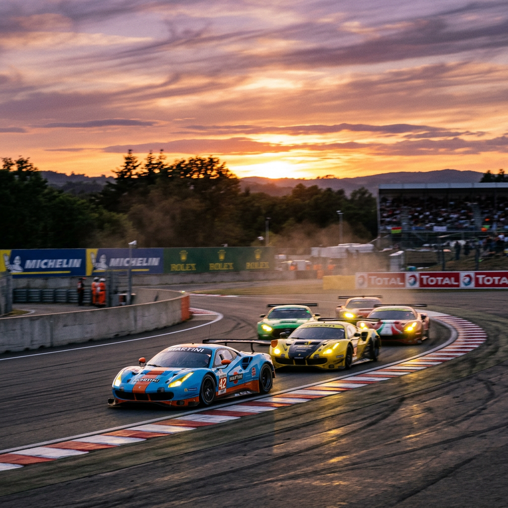Several race cars closely following each other on a racing circuit at sunset