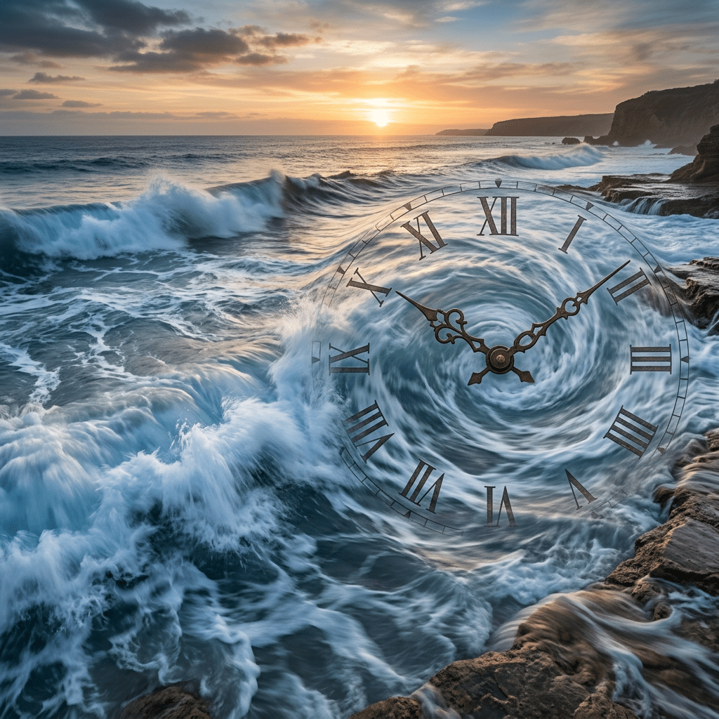 Ocean whirlpool with antique clock face overlay at sunset near rocky shoreline