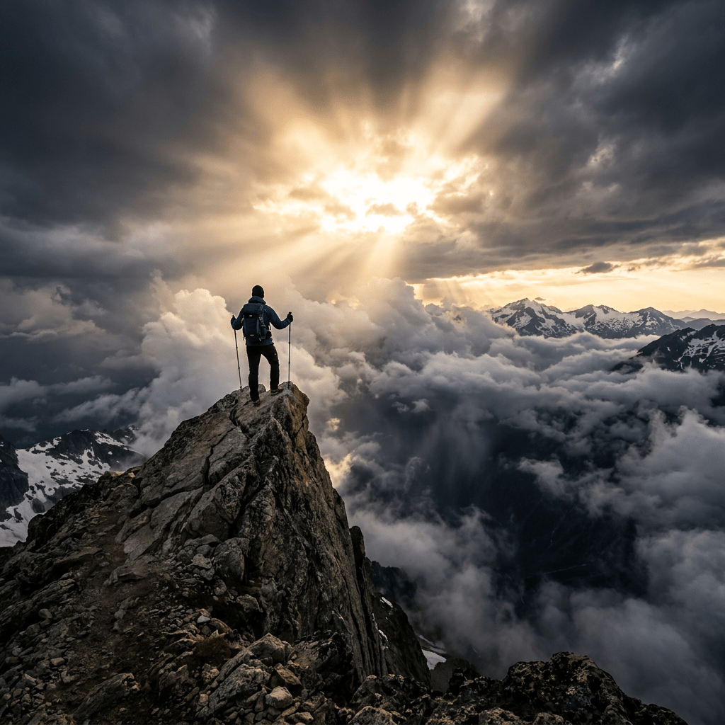 Hiker with trekking poles on a rocky mountain peak under dramatic sun rays and clouds