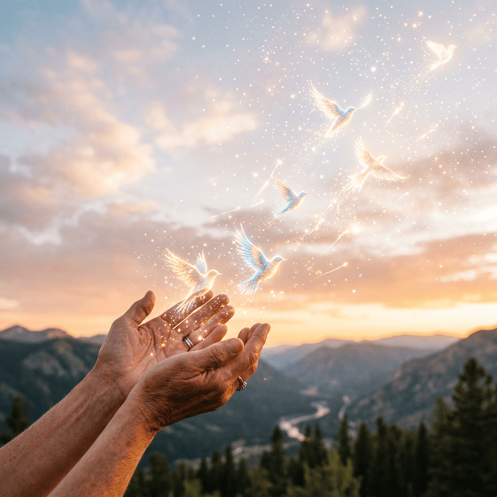Hands releasing glowing, mystical birds flying upward over a mountain landscape at sunset