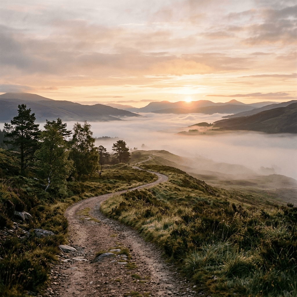 Winding dirt trail with trees and misty mountains at sunrise