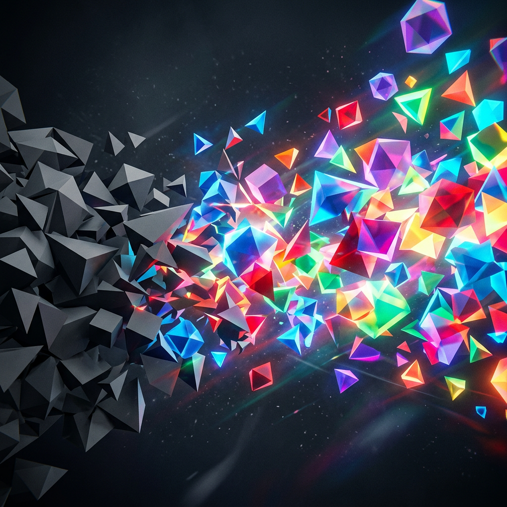 Dark gray geometric shapes transitioning into vibrant, colorful geometric shapes.