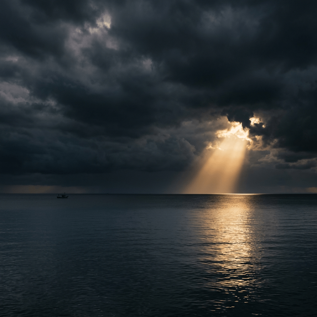 Dark ocean under stormy clouds with sunlight breaking through and reflecting on water