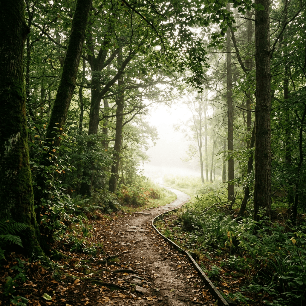A dirt path winding through a dense, green forest with morning fog in the background