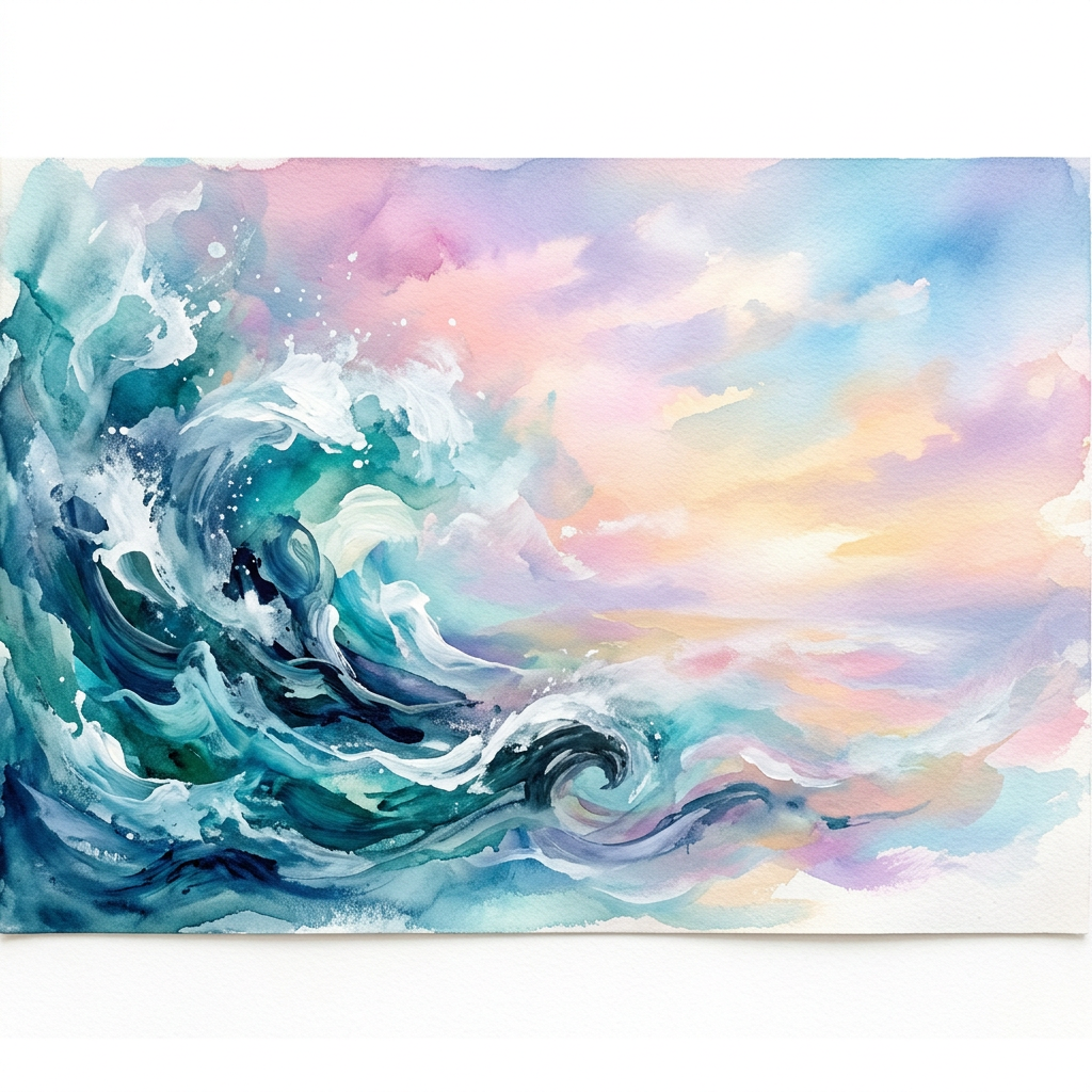 Watercolor painting of ocean waves crashing with a colorful pastel sky