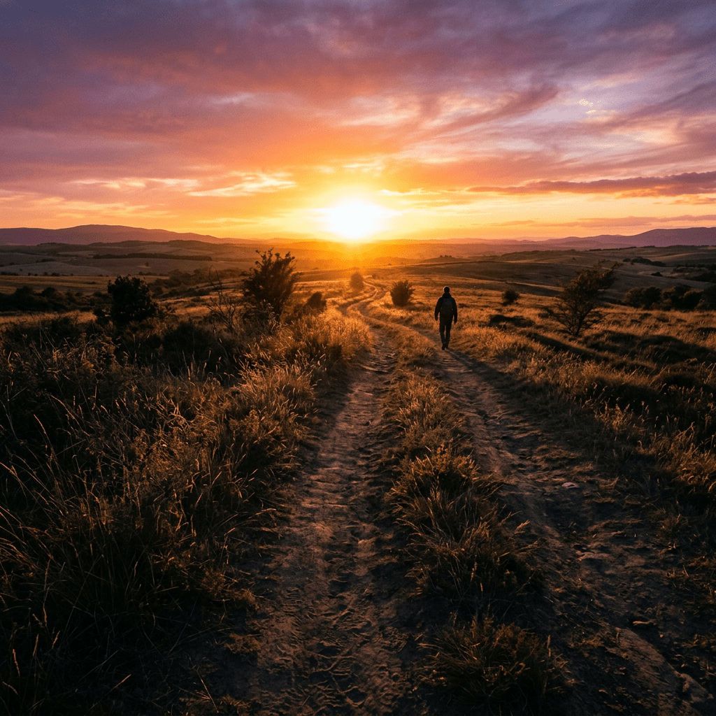 Person walking along a rural dirt path at sunset with colorful sky and hills