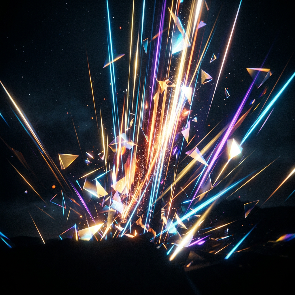 Bright neon light beams and glowing shards bursting outward in dark space