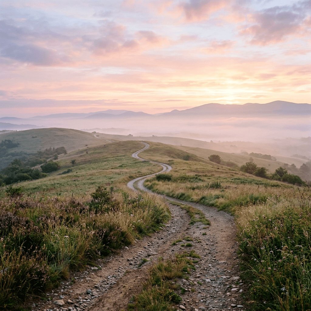 Winding dirt path through grassy hills with mist and mountains at sunrise