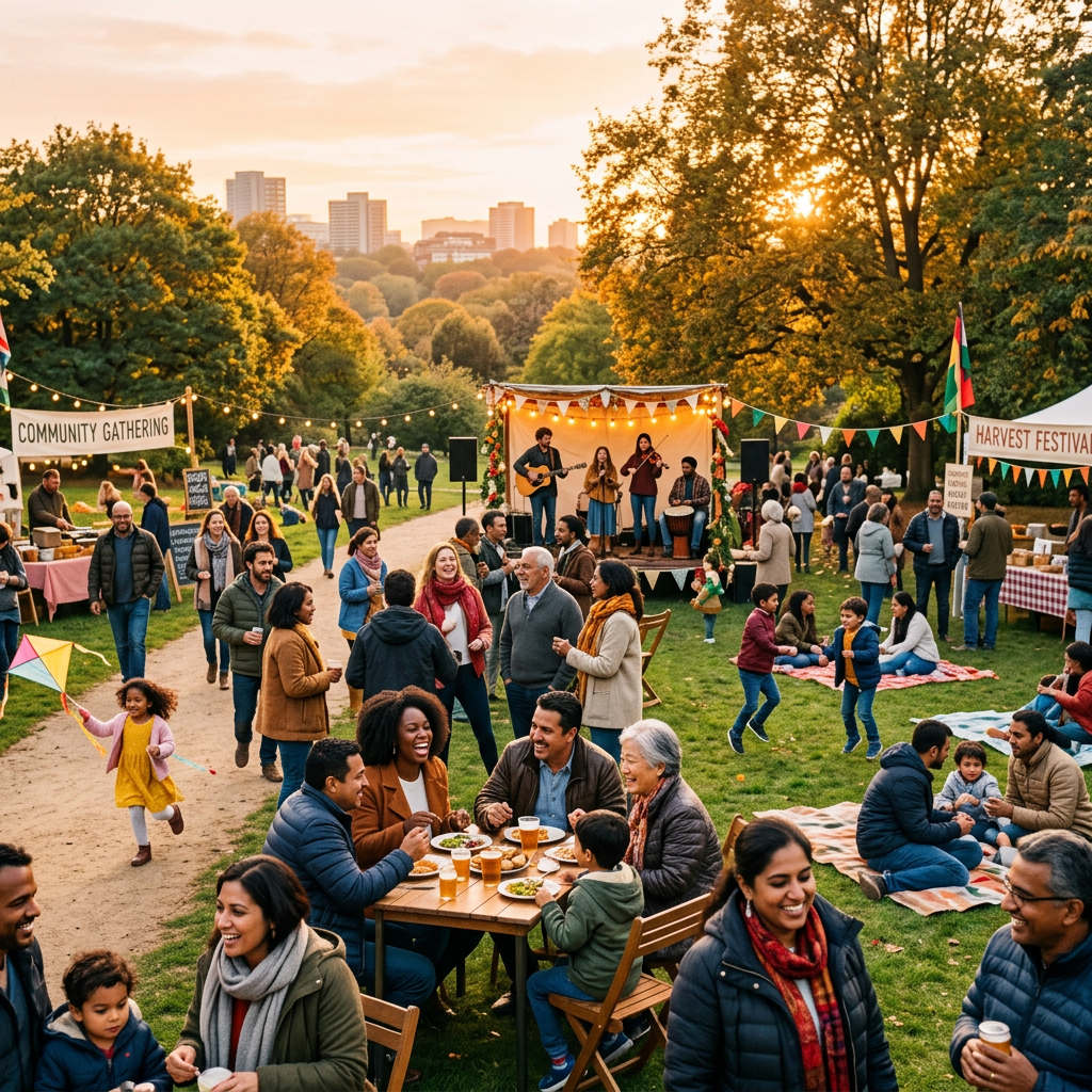 People gathered at an outdoor harvest festival with music, food, and activities