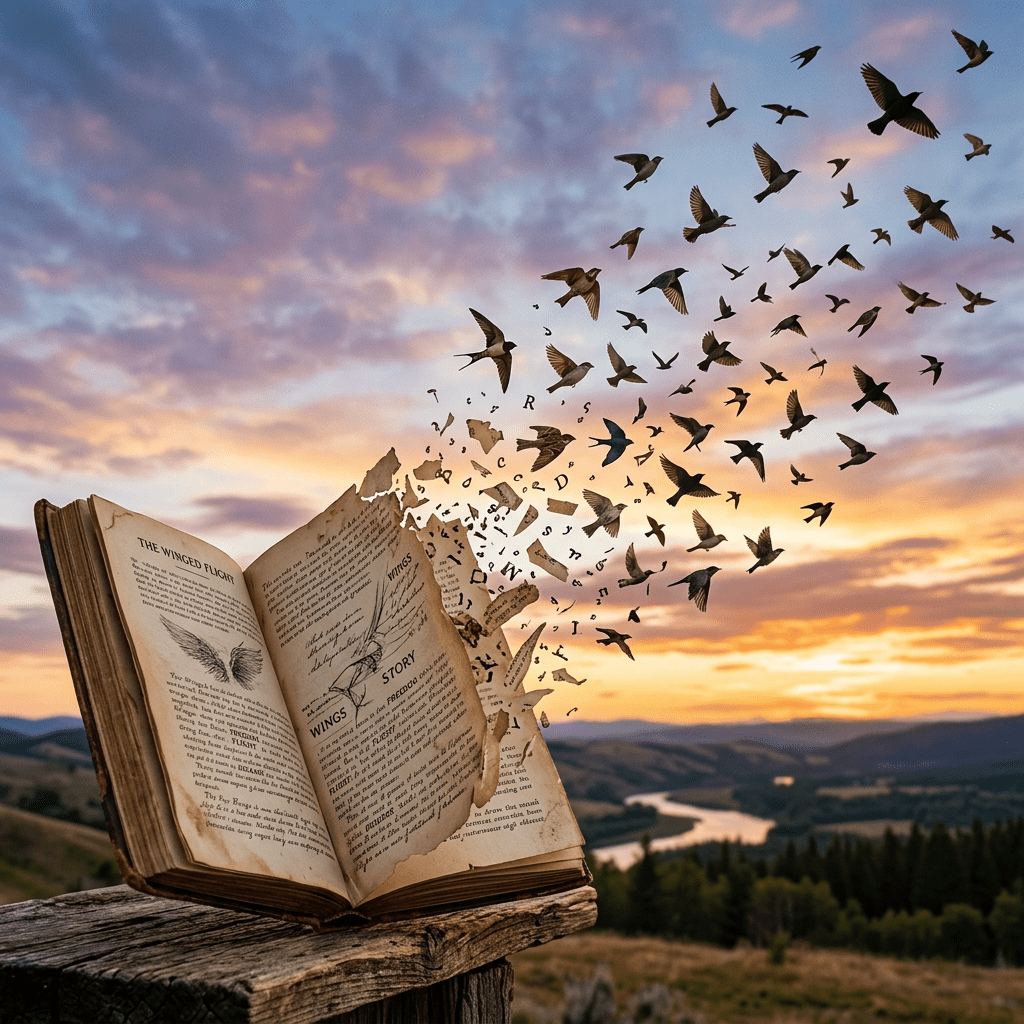 An open book with torn pages dissolving into flying birds against a sunset landscape