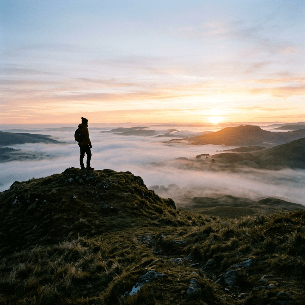 Person standing on hilltop overlooking misty valley at sunrise