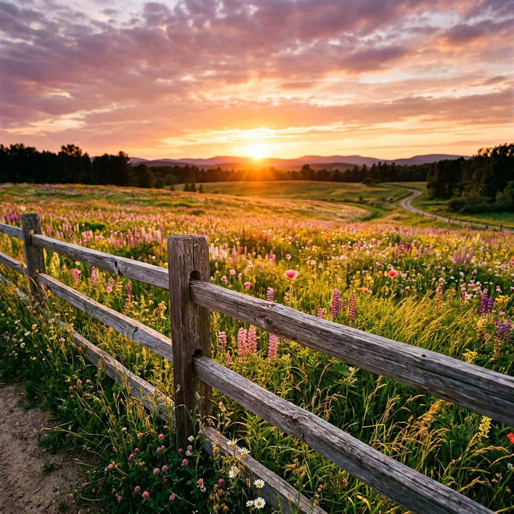 Wooden fence along meadow filled with pink and yellow wildflowers under sunset sky