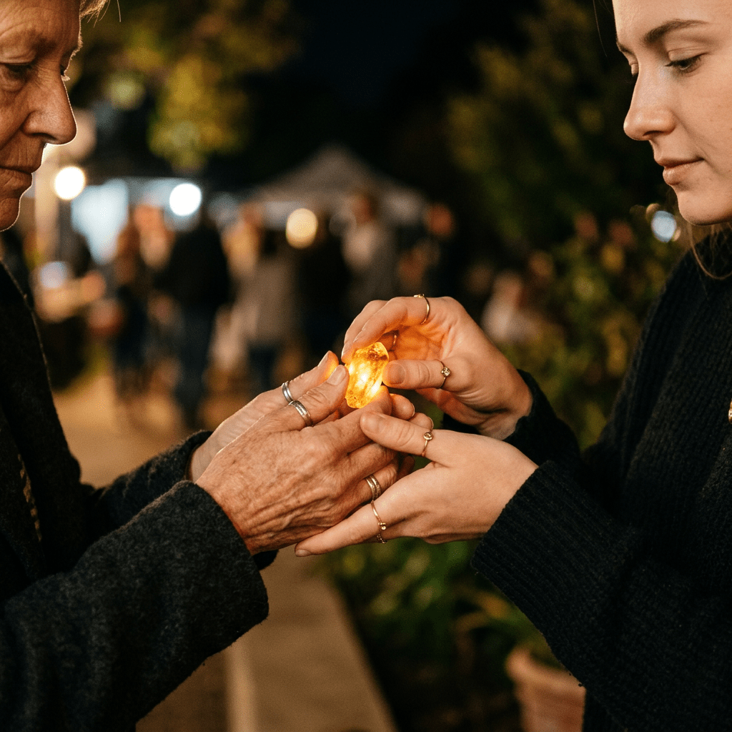 Younger woman giving glowing amber stone to older woman outdoors at night