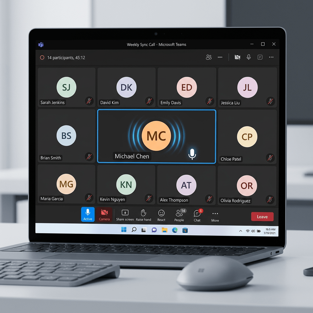 Microsoft Teams meeting screen with 14 participants and one active speaker