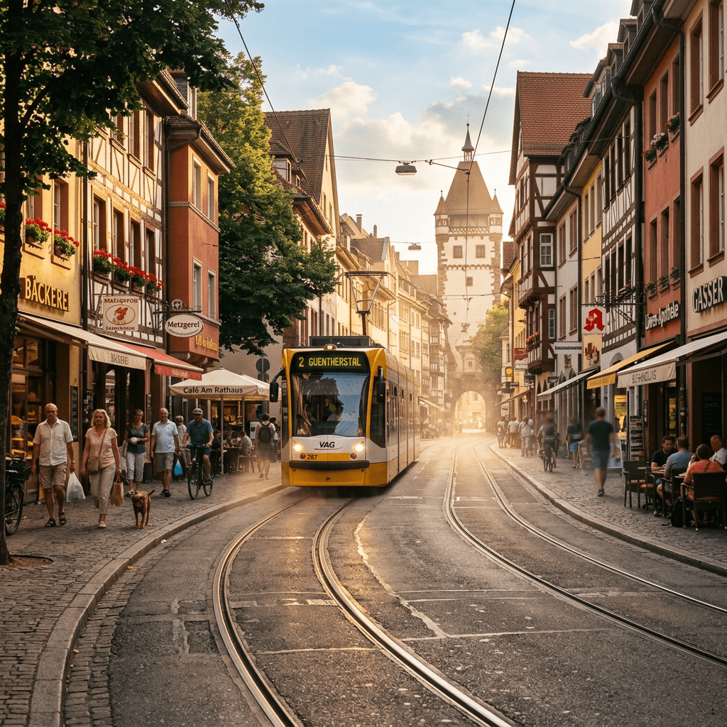 Yellow tram moving along tracks on a cobblestone street with historic buildings and pedestrians