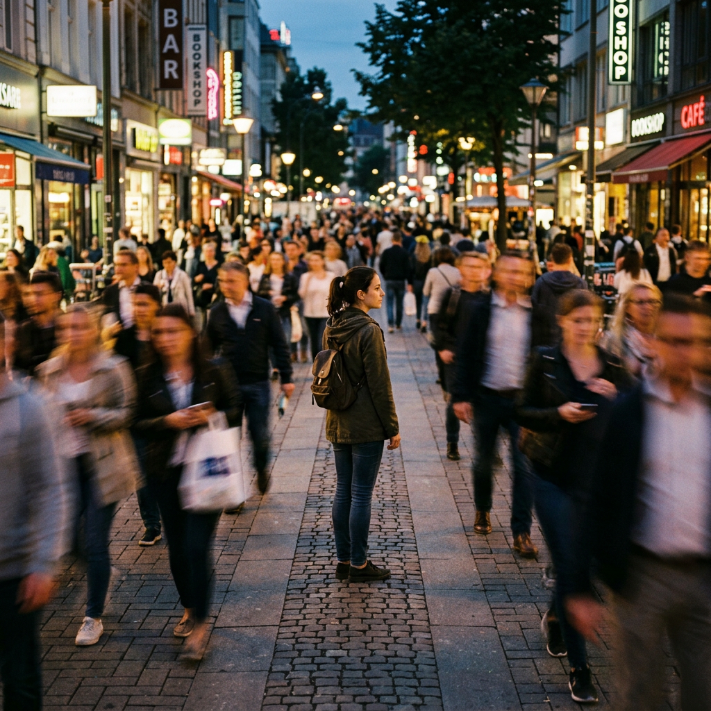 Solitary figure still, blurred moving crowd evening