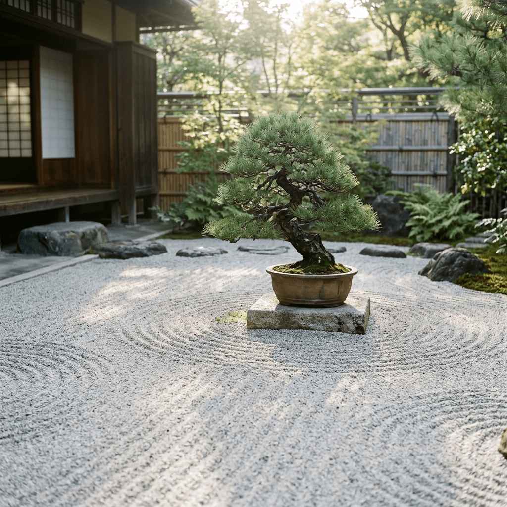 Small bonsai tree in a pot placed on a stone in a raked gravel Zen garden
