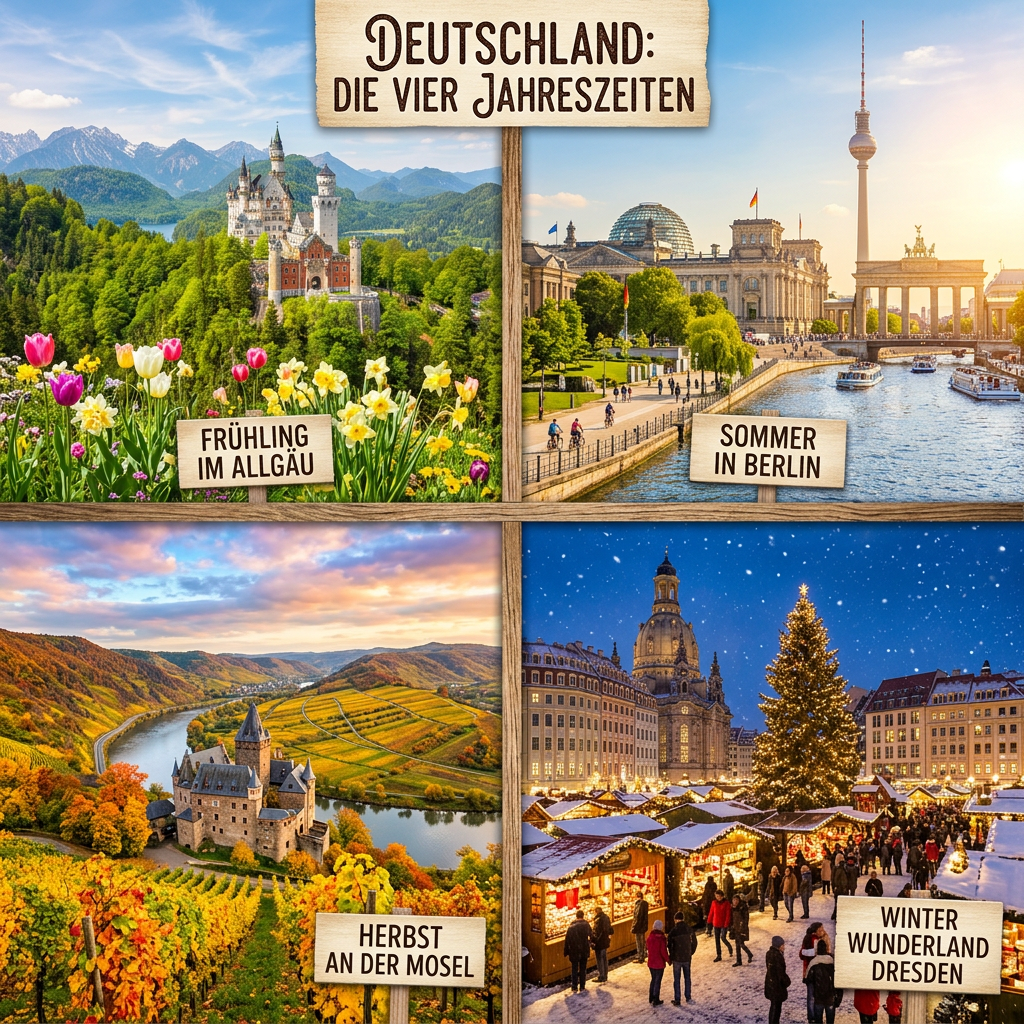 Spring in Allgäu with castle and flowers, summer in Berlin by river and Brandenburg Gate, autumn vineyards at Mosel, winter Christmas market in Dresden