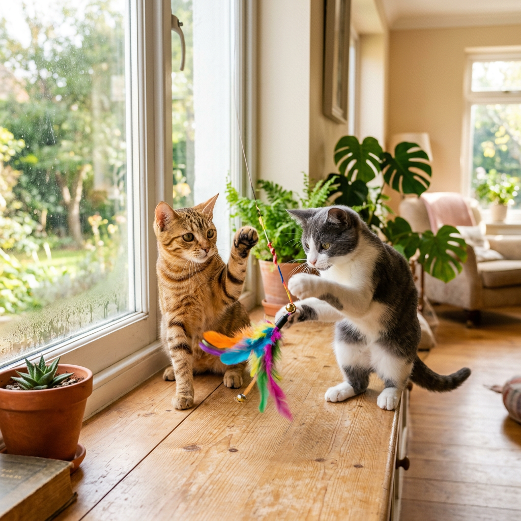 Two cats playing with a colorful feather toy on a wooden surface by a window