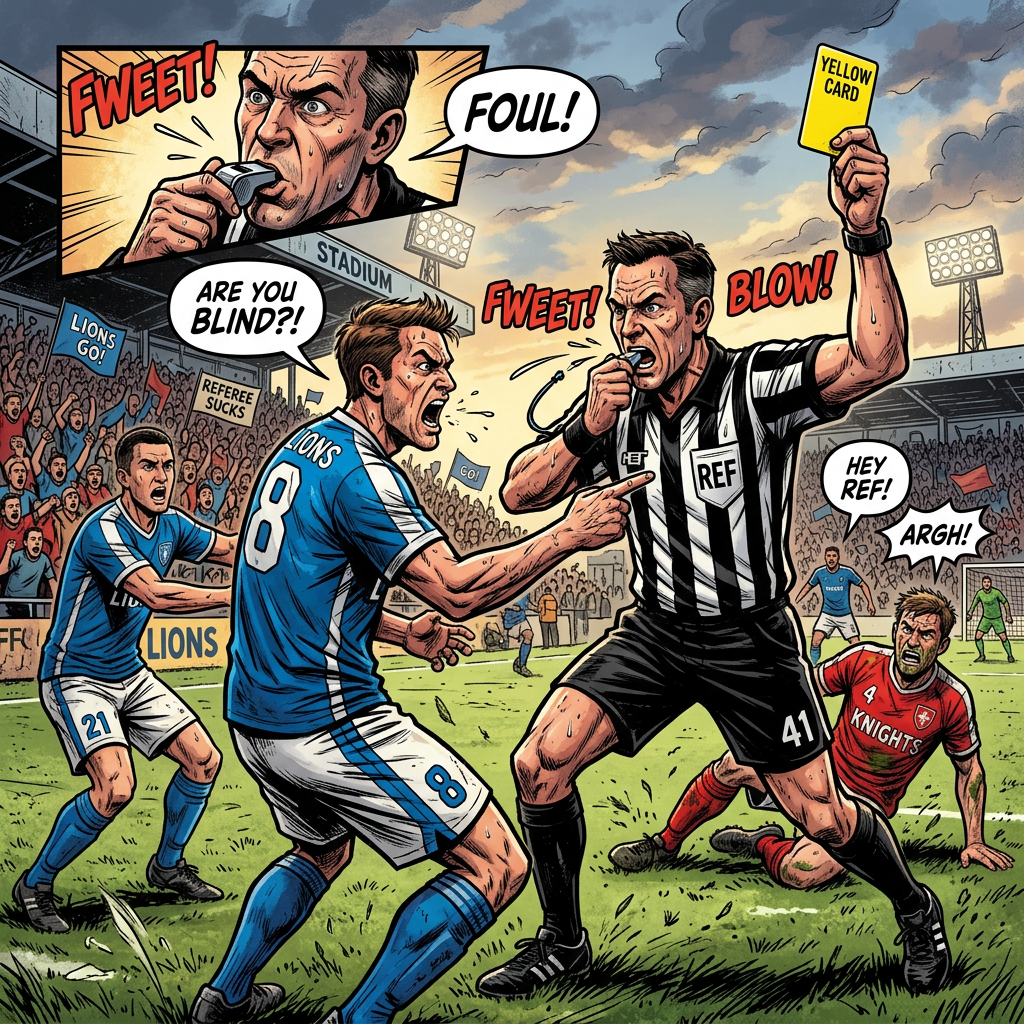 Soccer referee blowing whistle and showing yellow card while player argues