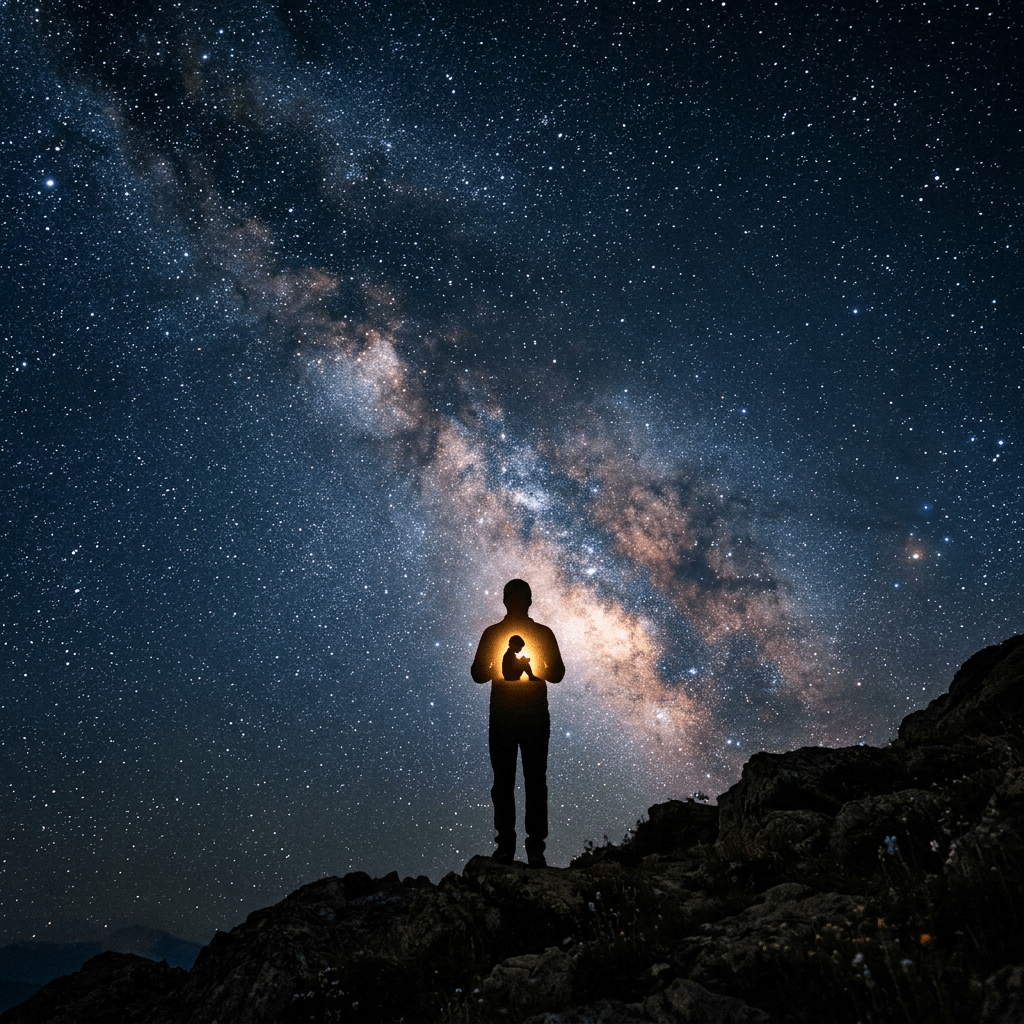 Silhouette of person holding glowing child figure with Milky Way galaxy in background