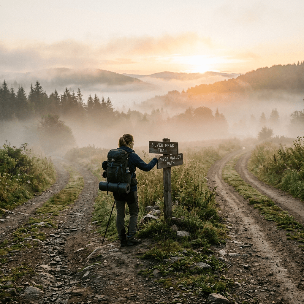 Hiker reading signpost at trail fork during sunrise in misty mountain landscape