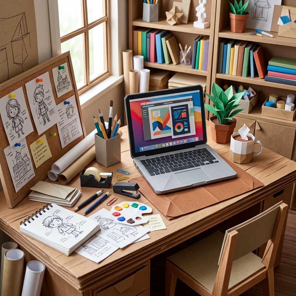 Desk with character sketches, colored pencils, paint palette, and laptop with graphic design on screen