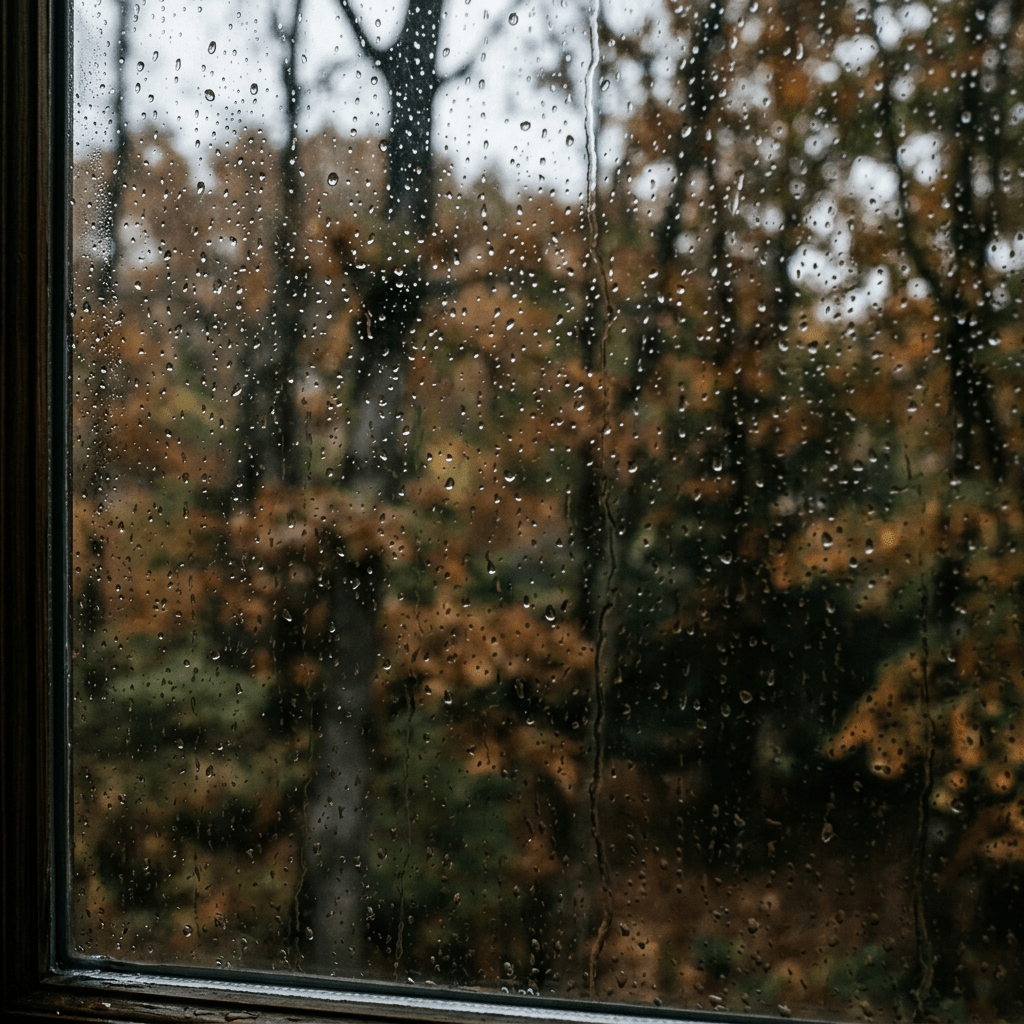Raindrops on a window with autumn foliage blurred in the background