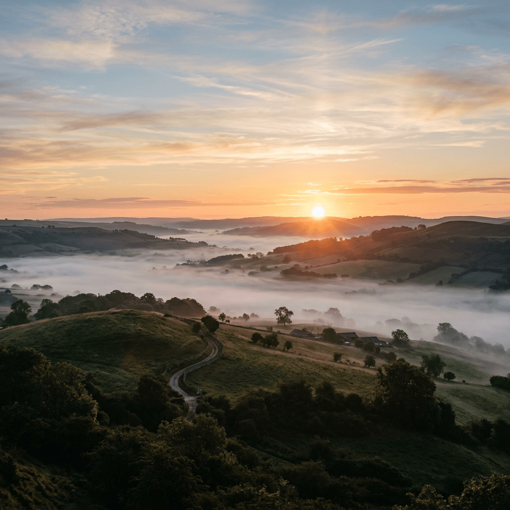 Sun rising above rolling hills with mist in the valley