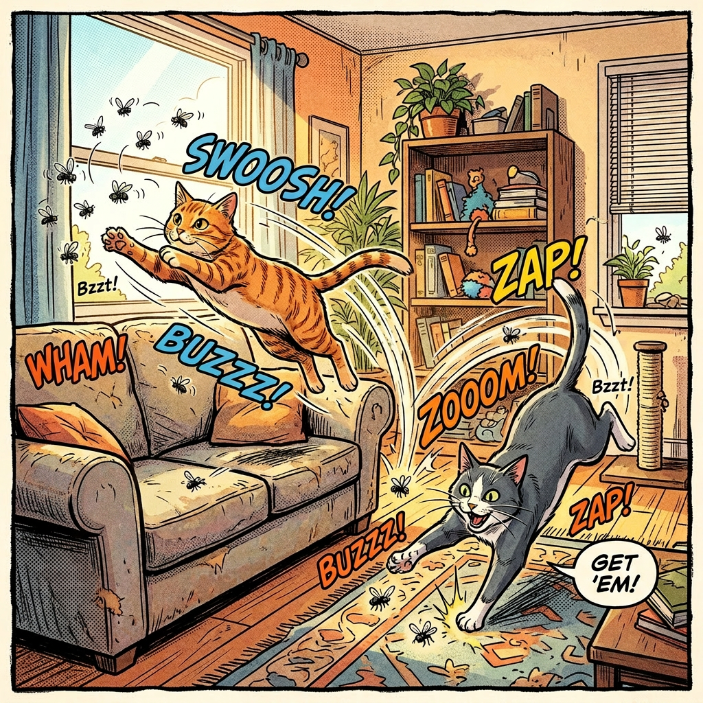 Two cats playfully jumping and running after flies in a living room