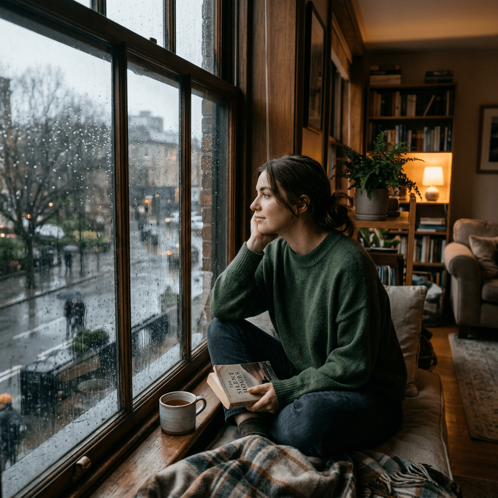 Woman sitting on a window seat, holding a book, gazing out a rain-covered window.