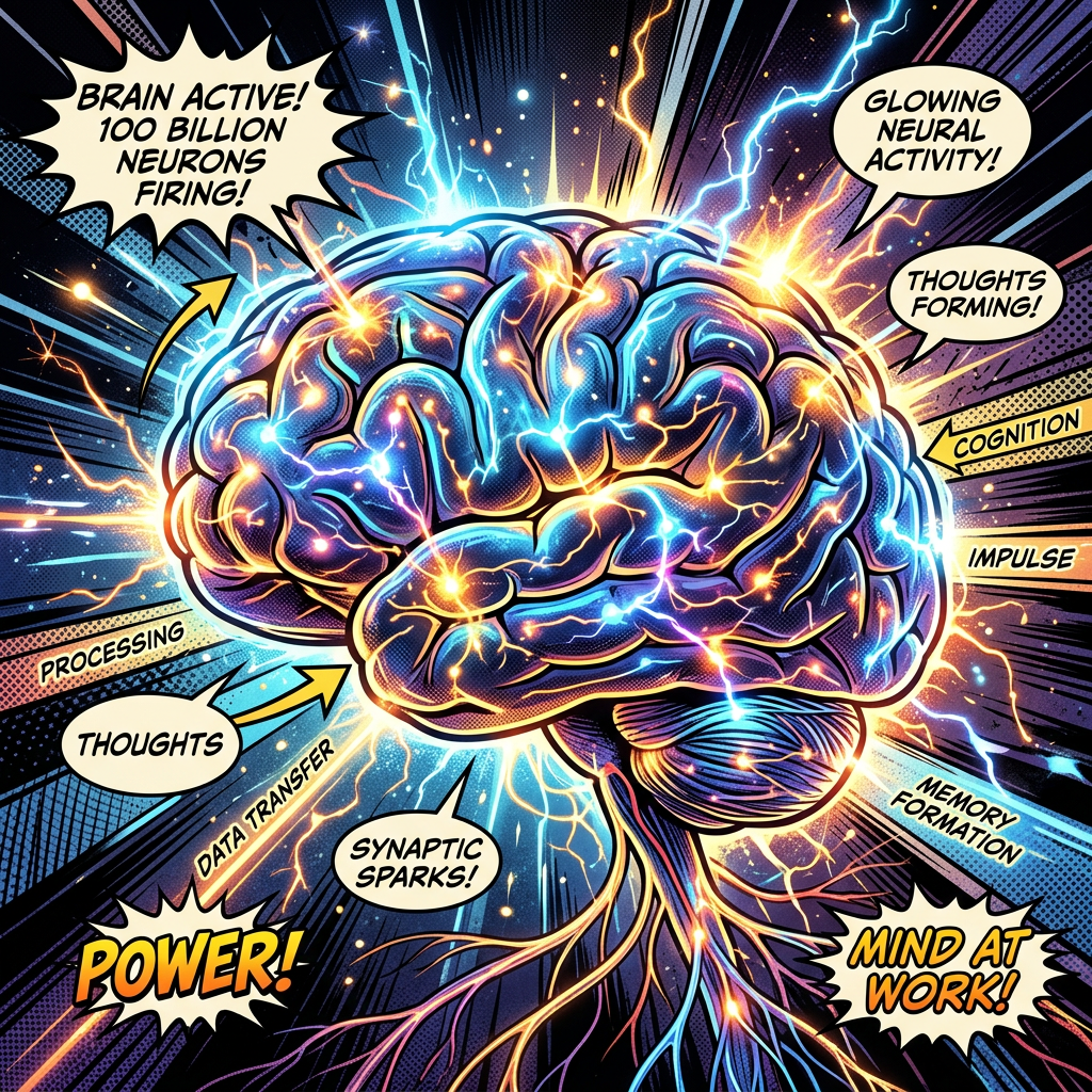 Colorful comic illustration of a brain with glowing neurons and active synapses highlighting cognition and memory formation