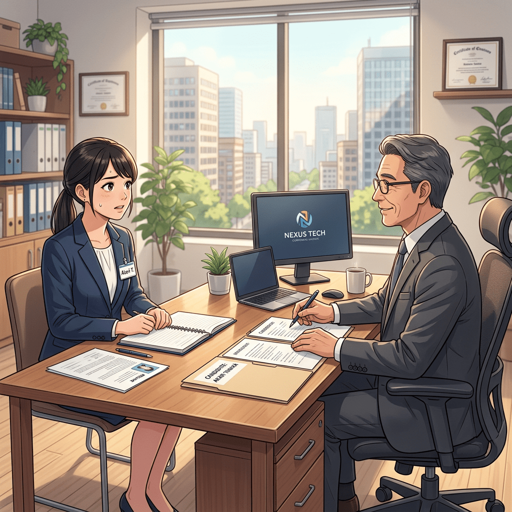 Young woman with name tag 'Aubi T.' in a job interview with a senior man at Nexus Tech office