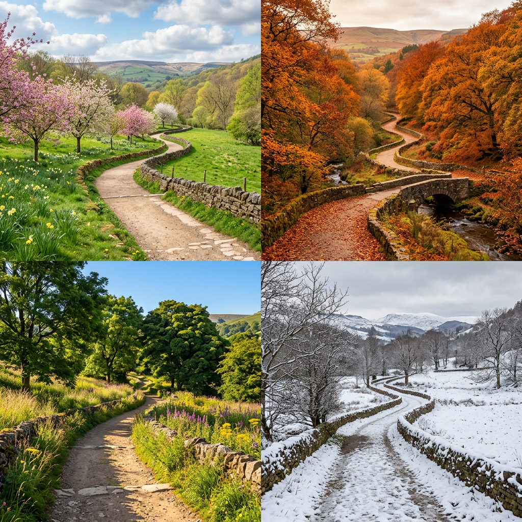 Winding countryside path depicted in four different seasons: spring blossoms, summer greenery, autumn leaves, and winter snow.