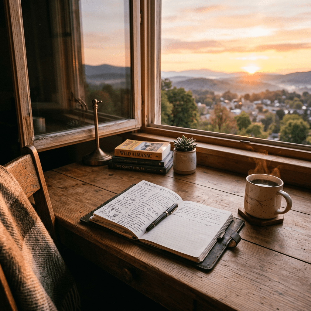 Wooden desk by a window with open journal, pen, coffee cup, books, and plant