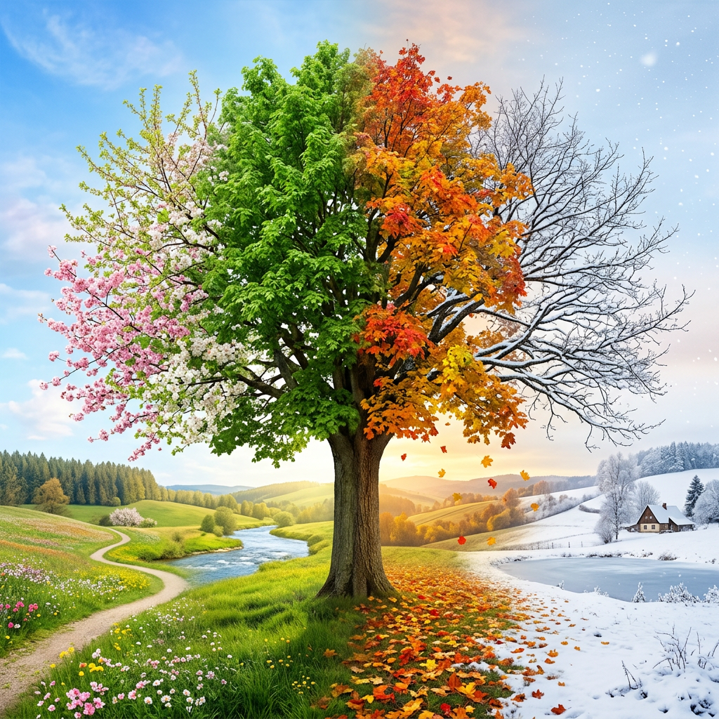 A tree showing spring blossoms, summer green leaves, autumn colors, and winter snow on branches