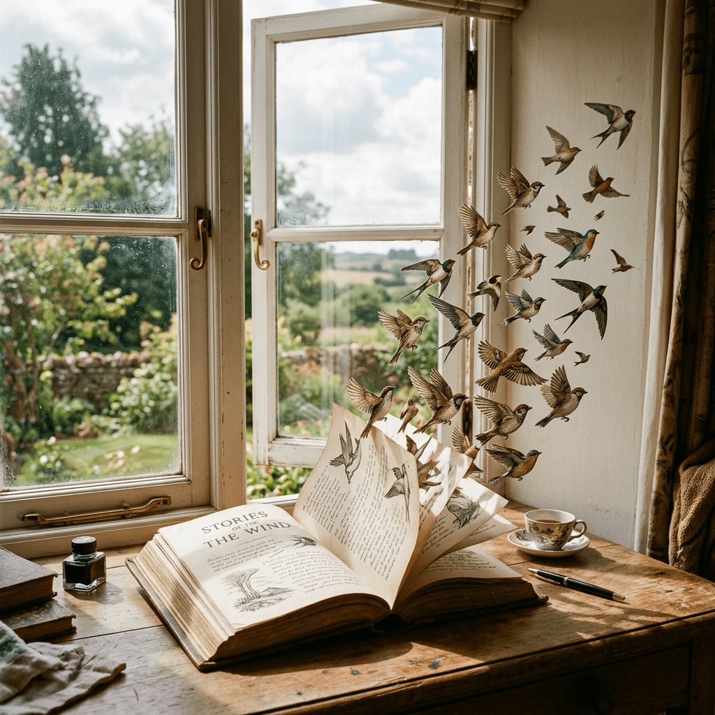 Open book titled 'Stories of the Wind' with bird illustrations flying off pages