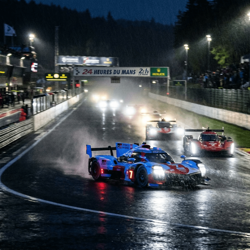 Several endurance race cars driving on a wet track under rain at night at Spa-Francorchamps
