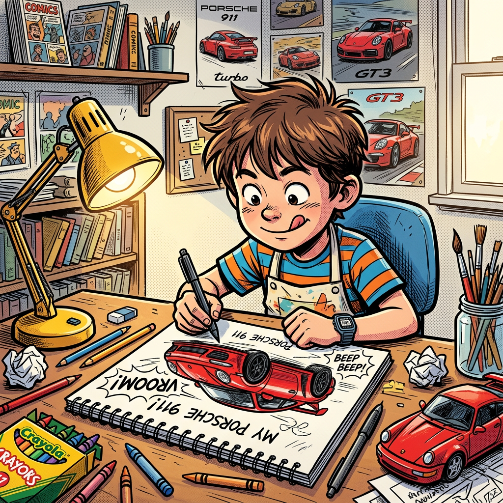 Boy drawing a red Porsche 911 car on sketchpad at desk