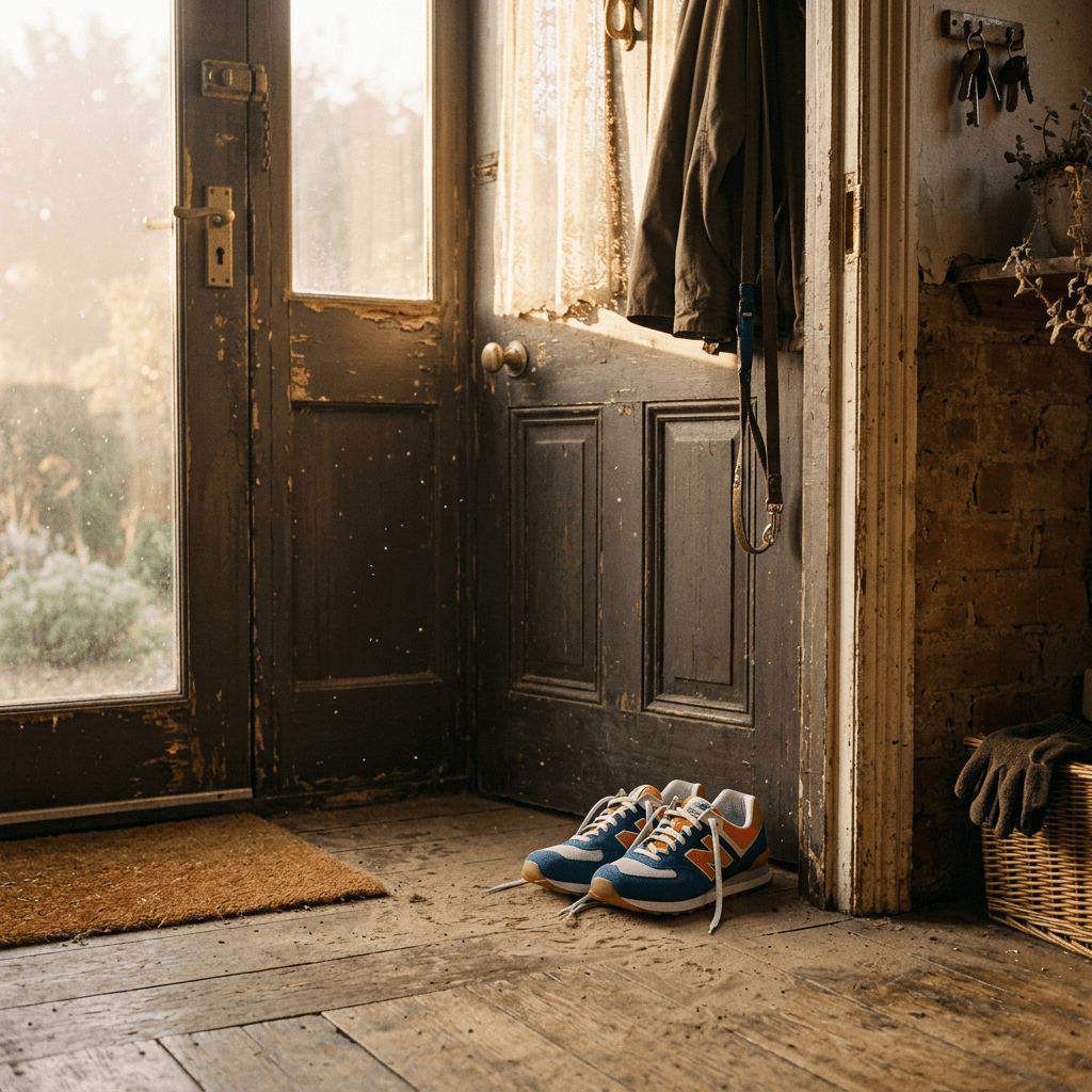 Blue and orange sneakers placed on wooden floor next to a worn black door in a rustic entryway
