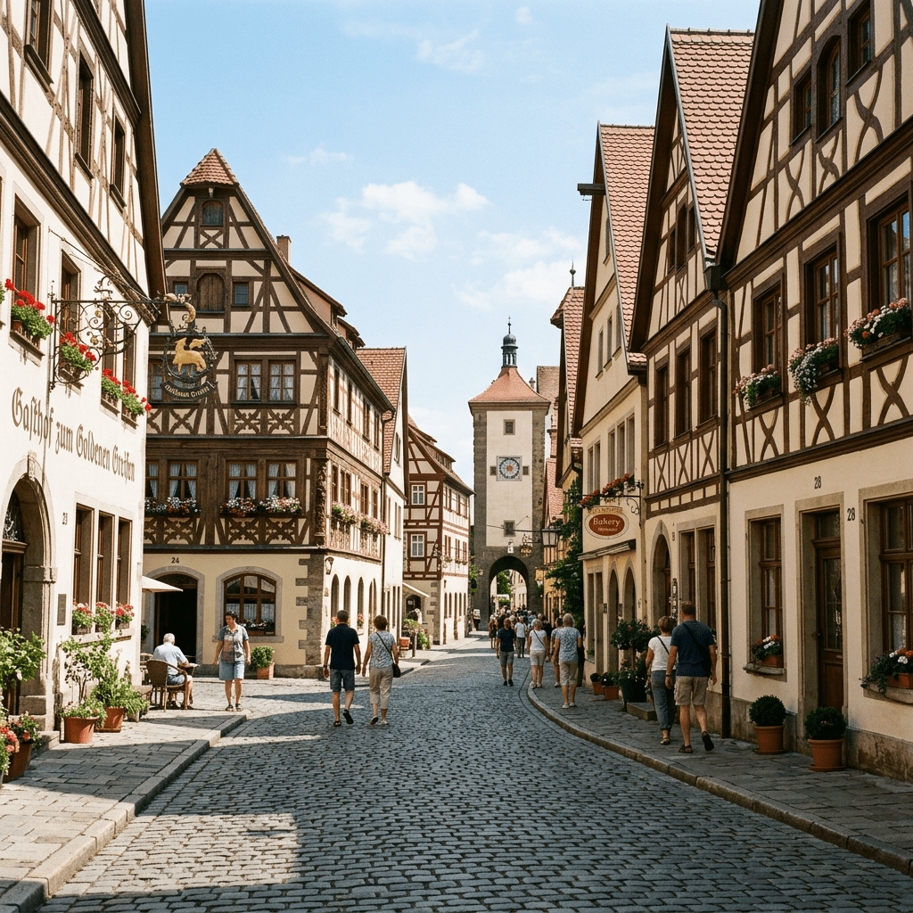Cobblestone street in historic German town with half-timbered houses and people walking